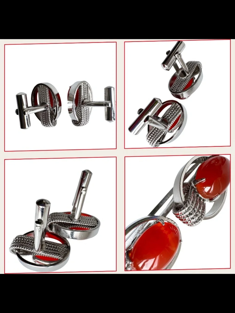 Vintage Red Oval Cufflinks Lot 5 Pairs Cabochon Mens Formal Jewelry Groom Gift